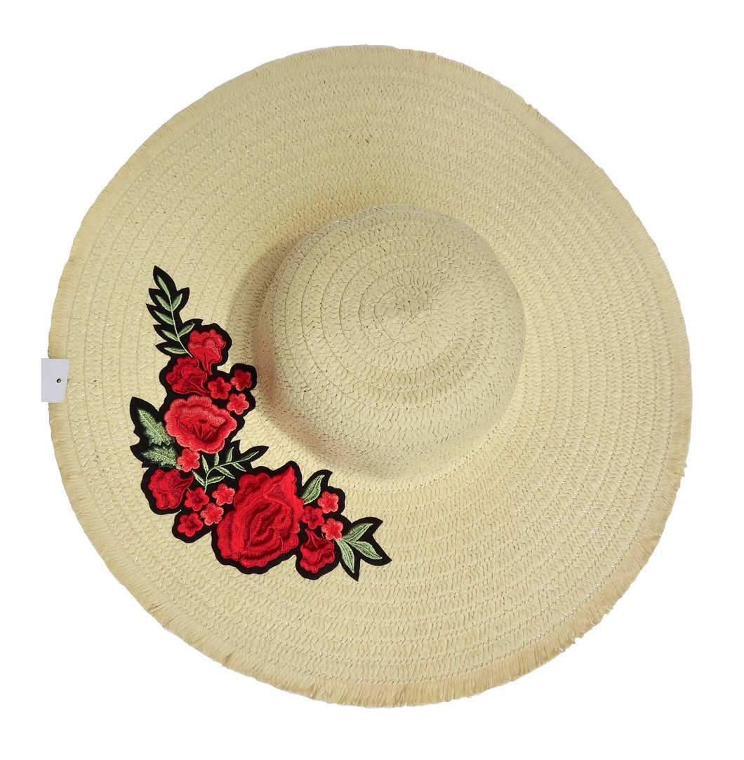 Ivory Straw Knitted Floral Detail Beach Sun Floppy Hat