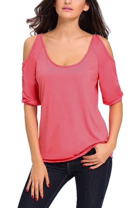 Pink Scoop Neck Cold Shoulder Quarter Sleeve Top