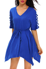 Royal Blue Lace Up Detail Half Sleeve Elastic Waist A-line Dress