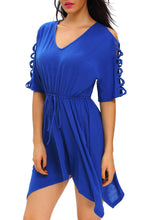 Royal Blue Lace Up Detail Half Sleeve Elastic Waist A-line Dress