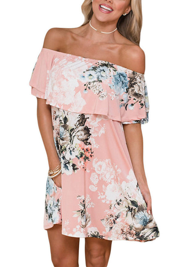 Light Peach Floral Ruffle Off Shoulder Mini Dress