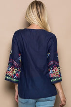 Navy Embroidered Lace Up Woven Top