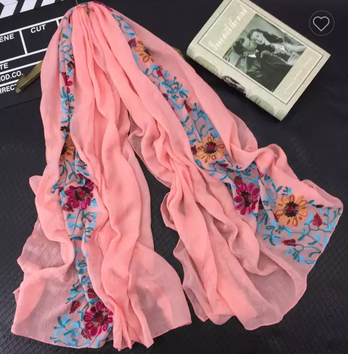 Large Embroidered Cotton Scarf Wrap- Peach