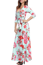 Light Green & Pink Floral Wrap 3/4 Sleeve Maxi Dress