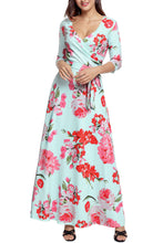 Light Green & Pink Floral Wrap 3/4 Sleeve Maxi Dress