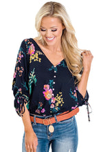 Floral Printed Button Up Blouse in Dark Blue