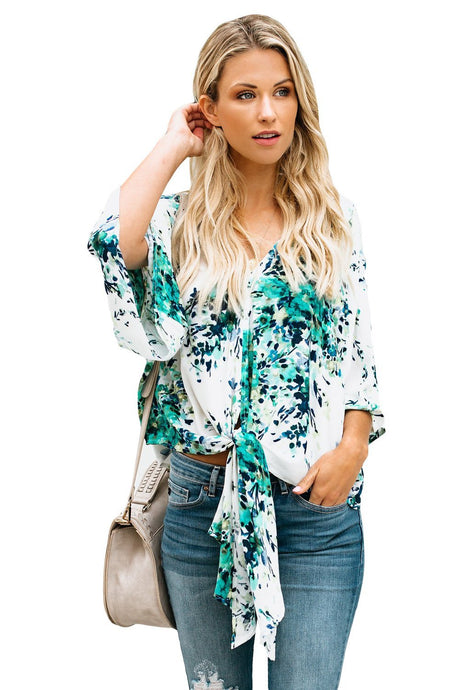 White Background Printed Tie Front Kimono Sleeve Blouse