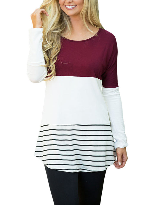 Burgundy Color Block Lace Patch Long Sleeve Tunic Top