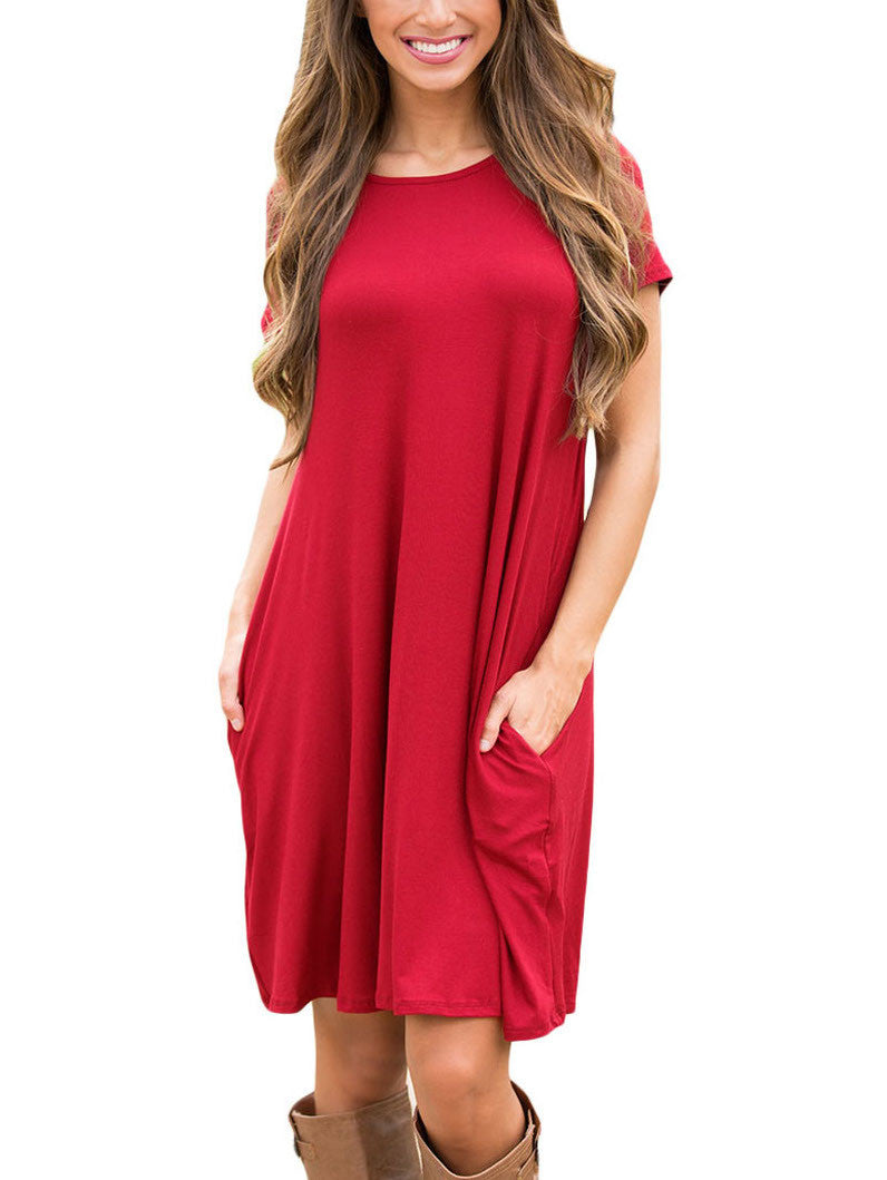Red Short Sleeve Flared Pocket Tunic Dress