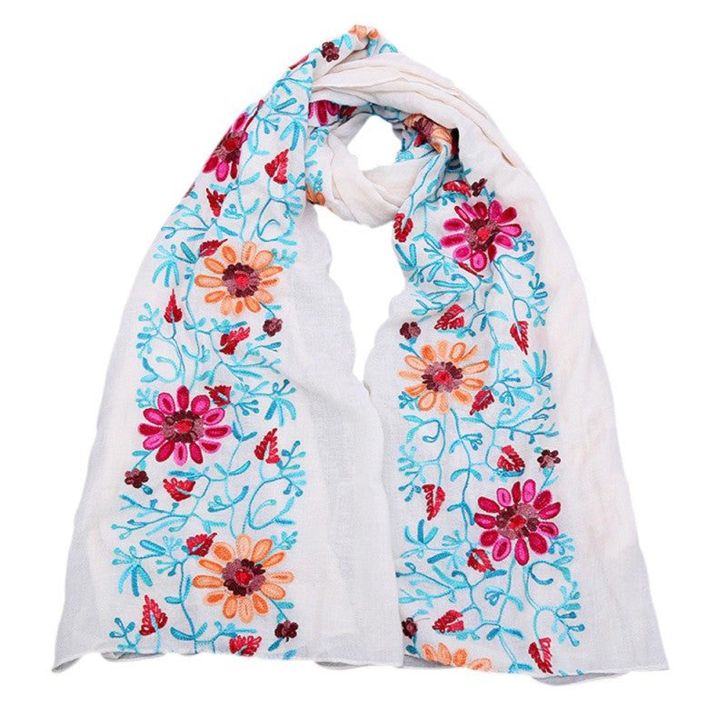 Large Embroidered Cotton Scarf Wrap- White