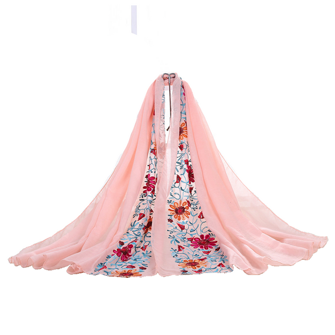 Large Embroidered Cotton Scarf Wrap- Light Peach