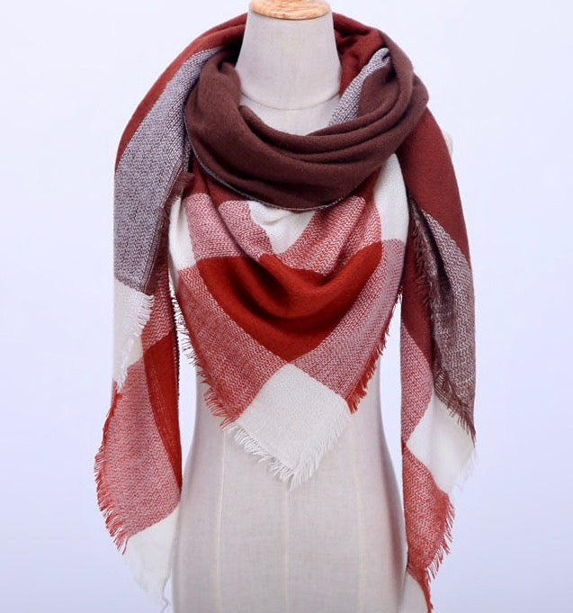 Fall Winter Plaid Acrylic Triangle Scarf - Brown with Ivory
