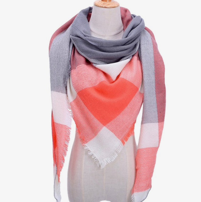 Winter Fall Acrylic Plaid Triangle Scarf - Coral/Gray