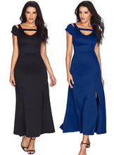 Blue or Black Cold Shoulder Front Slit Flare Long Dress