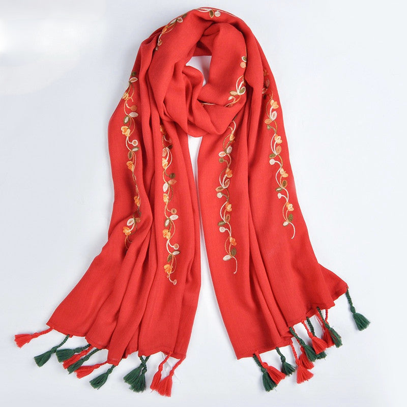 Floral Embroidered Scarf with fringes- Red