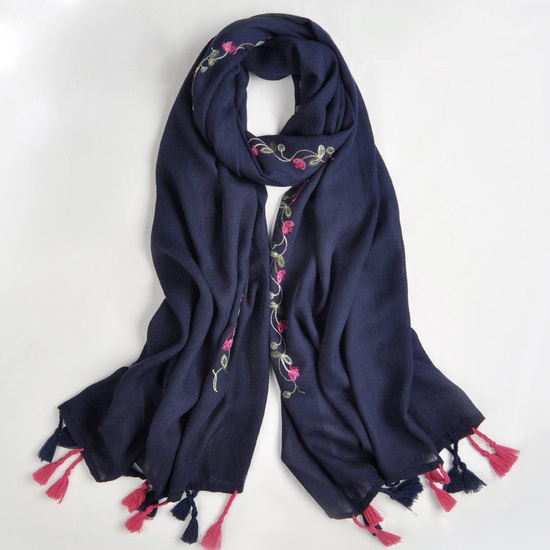 Floral Embroidered Scarf with fringes- Navy