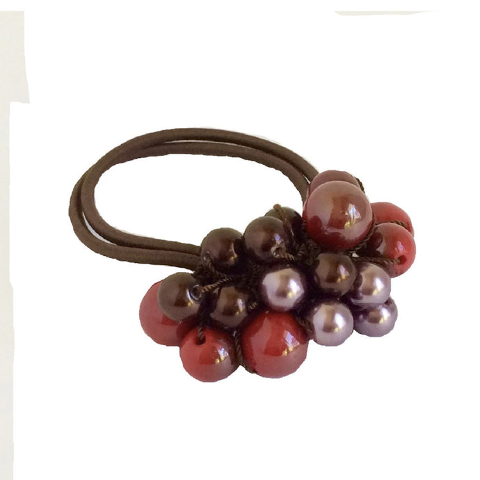 Rhinestone Crystal Pearls Hair Ponytail Holder Band - Red & Brown