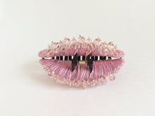 Large Hair Clip Claw with Beaded Ribbon and Rhinestones- Pink