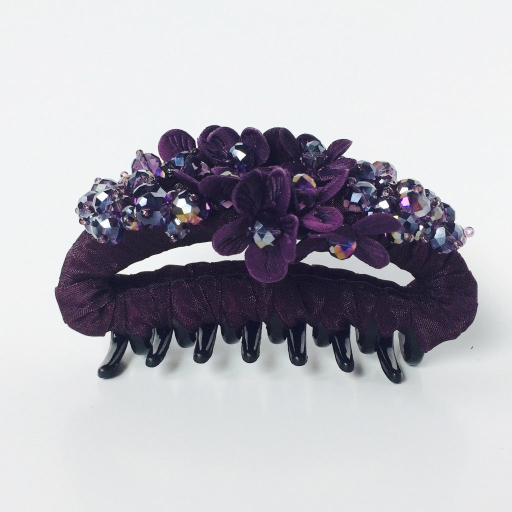 Purple Beaded Rhinestones Large Strong Flower Hair Clip Claw