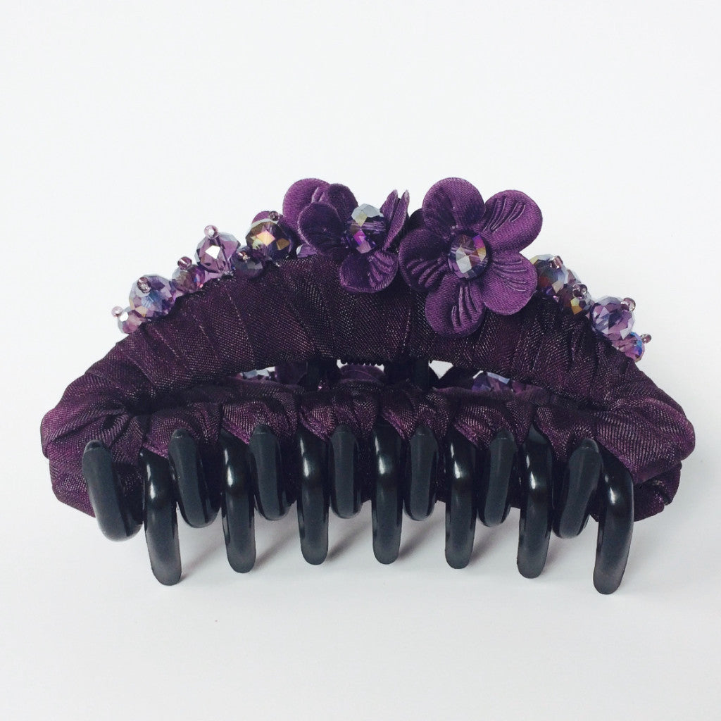 Purple Beaded Rhinestones Large Strong Flower Hair Clip Claw