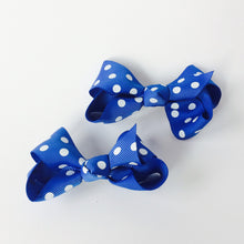Girls Set of 2 Cross Grain Ribbon Hair Bow Clips 3.1” Long- Blue with Dots