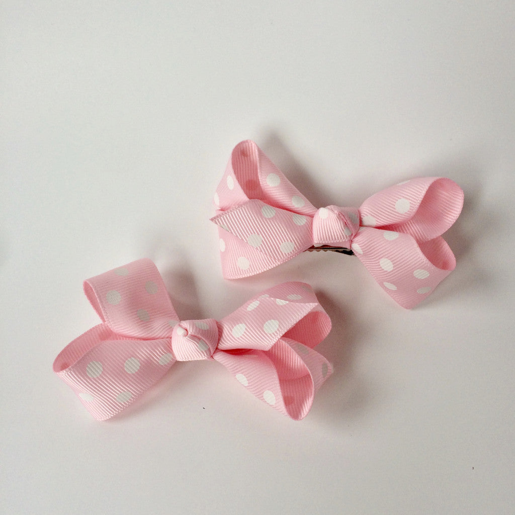 Girls Set of 2 Cross Grain Ribbon Hair Bow Clips 3.1” Long- Pink with Dots