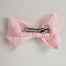 Girls Set of 2 Cross Grain Ribbon Hair Bow Clips 3.1” Long- Pink with Dots