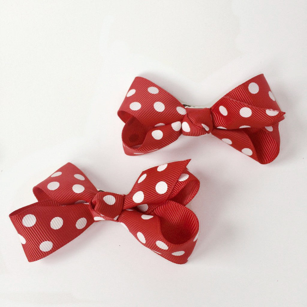 Girls Set of 2 Cross Grain Ribbon Hair Bow Clips 3.1” Long- Red with Dots
