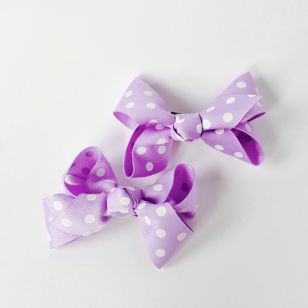 Girls Set of 2 Cross Grain Ribbon Hair Bow Clips 3.1” Long- Purple with Dots