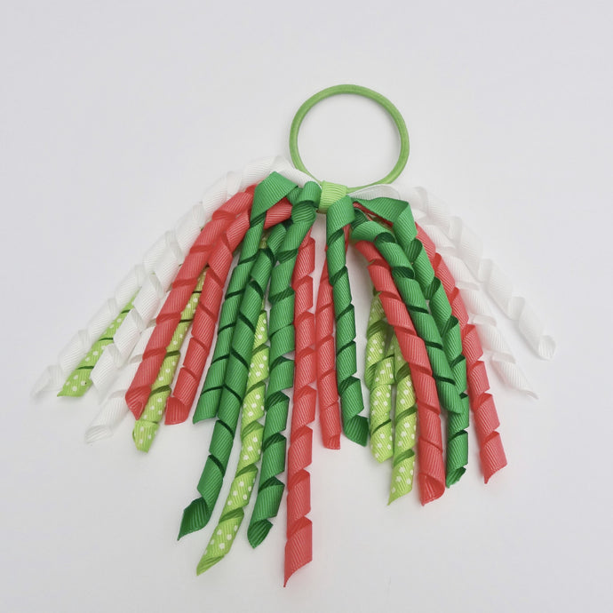 Girls Curly High Quality Ribbon Ponytail Holder- Green and Watermelon
