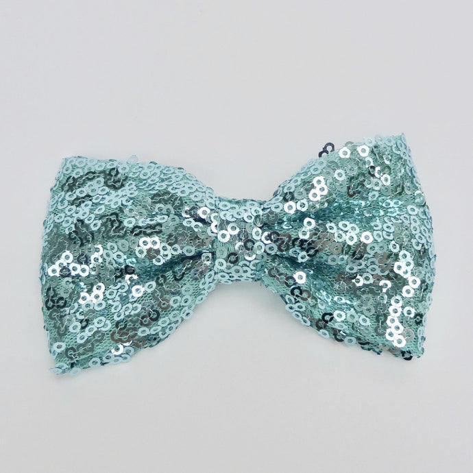 Girls 4” Large Bling Hair Bow Clip- Aqua Glitter