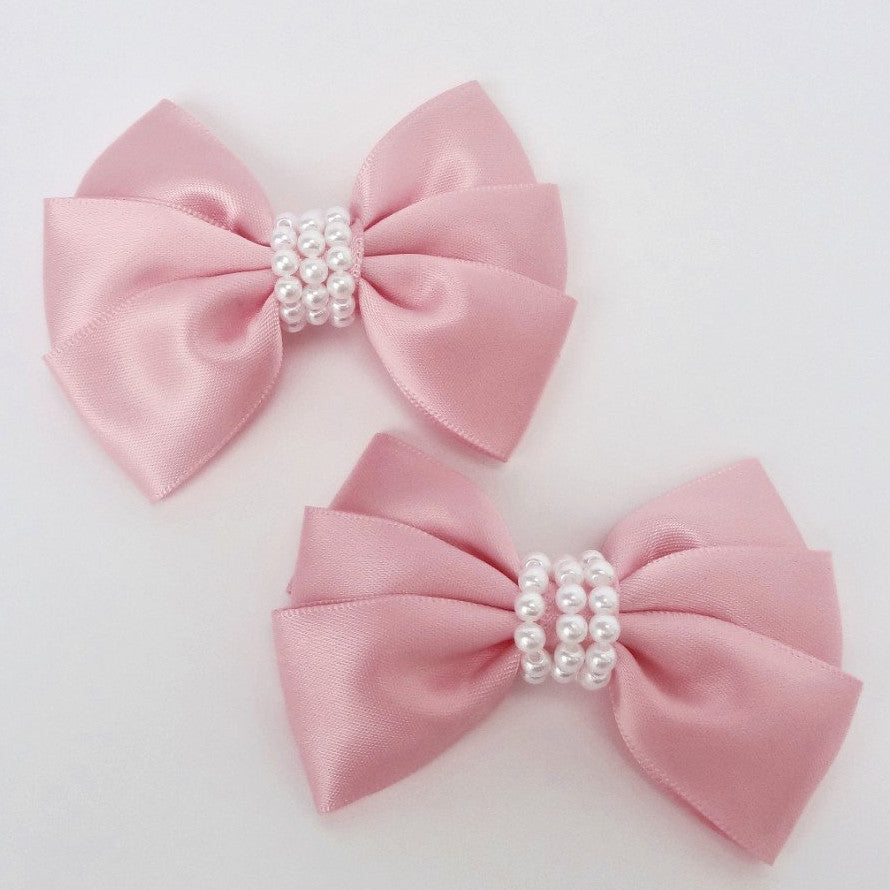 Girls Set of 2 Satin Hair Bow Clips 3” Long- Baby Pink