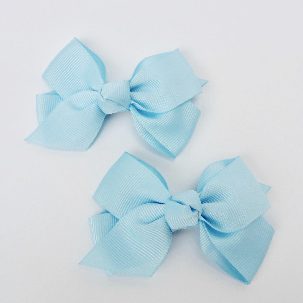 Girls Set of 2 Cross Grain Ribbon Hair Bow Clips 3.7” Long- Baby Blue