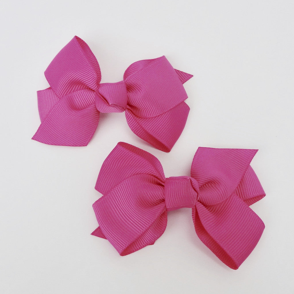 Girls Set of 2 Cross Grain Ribbon Hair Bow Clips 3.7” Long- Dark Pink