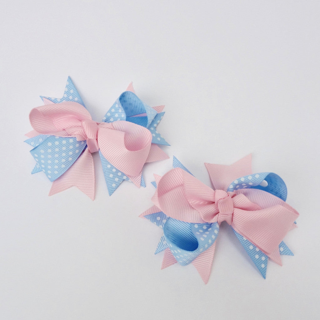 Girls Light Pink/Blue Dot 3,5” Large Hair Bow Clip