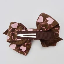Baby Girls Set of 2 Cross Grain Ribbon Hair Bow Clips 2.8"Long- Brown/ Pink Hearts