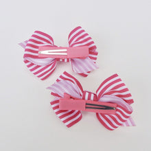 Baby Girls Pink Striped Cross Grain Ribbon Hair Bow Clips 2.8”Long- Set of 2