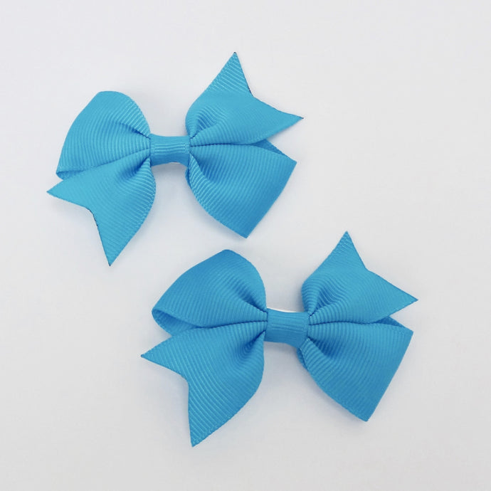 Girls Set of 2 Cross Grain Ribbon Hair Bow Clips 2.8” Long- Turquoise