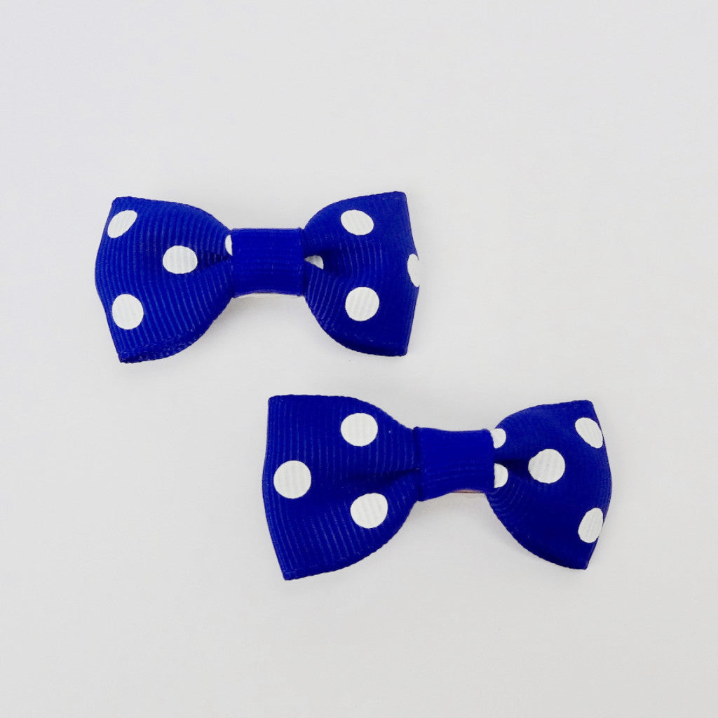 Set of 2 Small Cross Grain Ribbon Hair Bow Clips 1.75” for Girls- Royal Blue with Dots