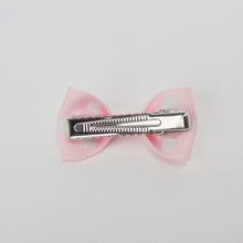 Girls Set of 2 Small Cross Grain Ribbon Hair Bow Clips 1.75”- Pink with Dots
