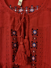 Rusty Red Embroidered Tassel Tunic Top with Crochet Lace Detail