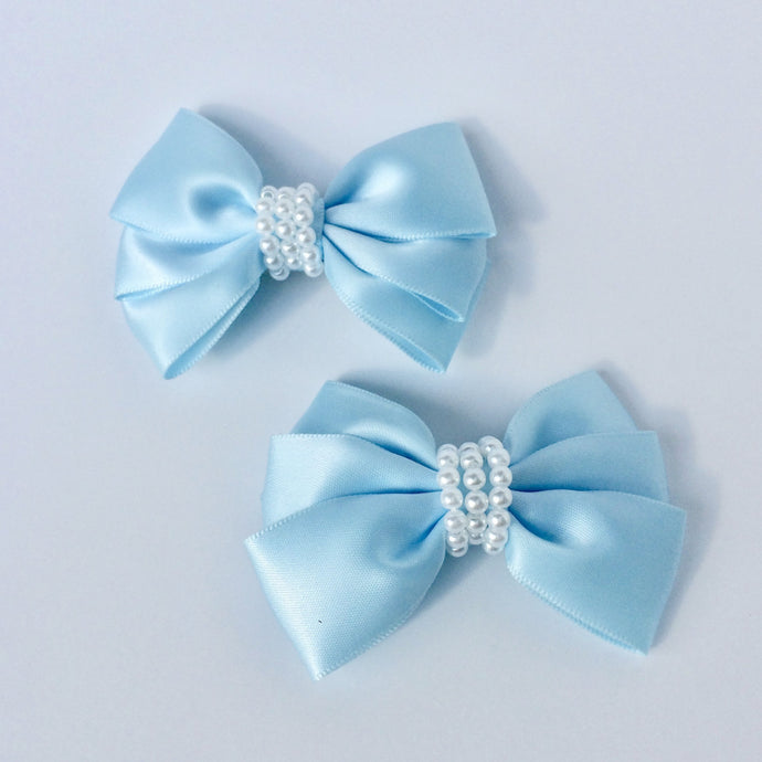 Girls Set of 2 Baby Blue Satin Hair Bow Clips 3” Long