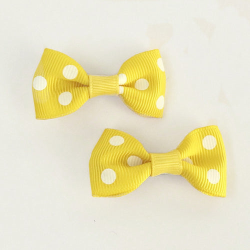 Girls Set of 2 Small Cross Grain Ribbon Hair Bow Clips 1.75”- Yellow with Dots