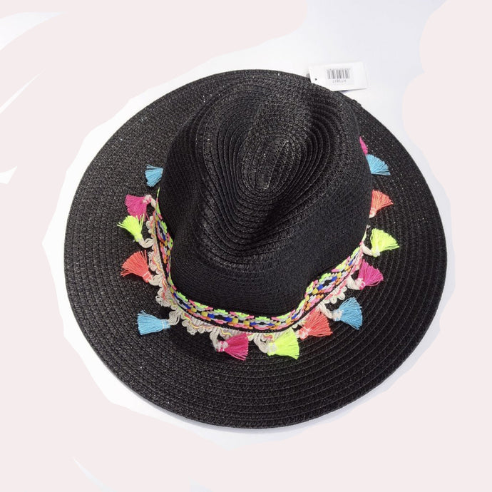 Black Multicolor Tassel Knitted Straw Beach Sun Hat