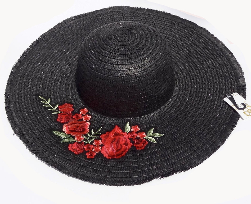 Black Straw Knitted Floral Detail Beach Sun Floppy Hat