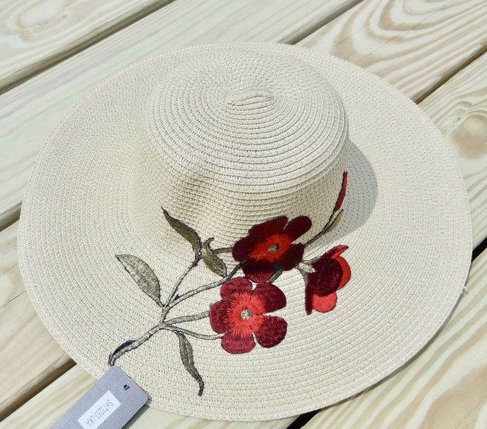 Ivory Embroidered Floral Detail Beach Sun Straw Hat
