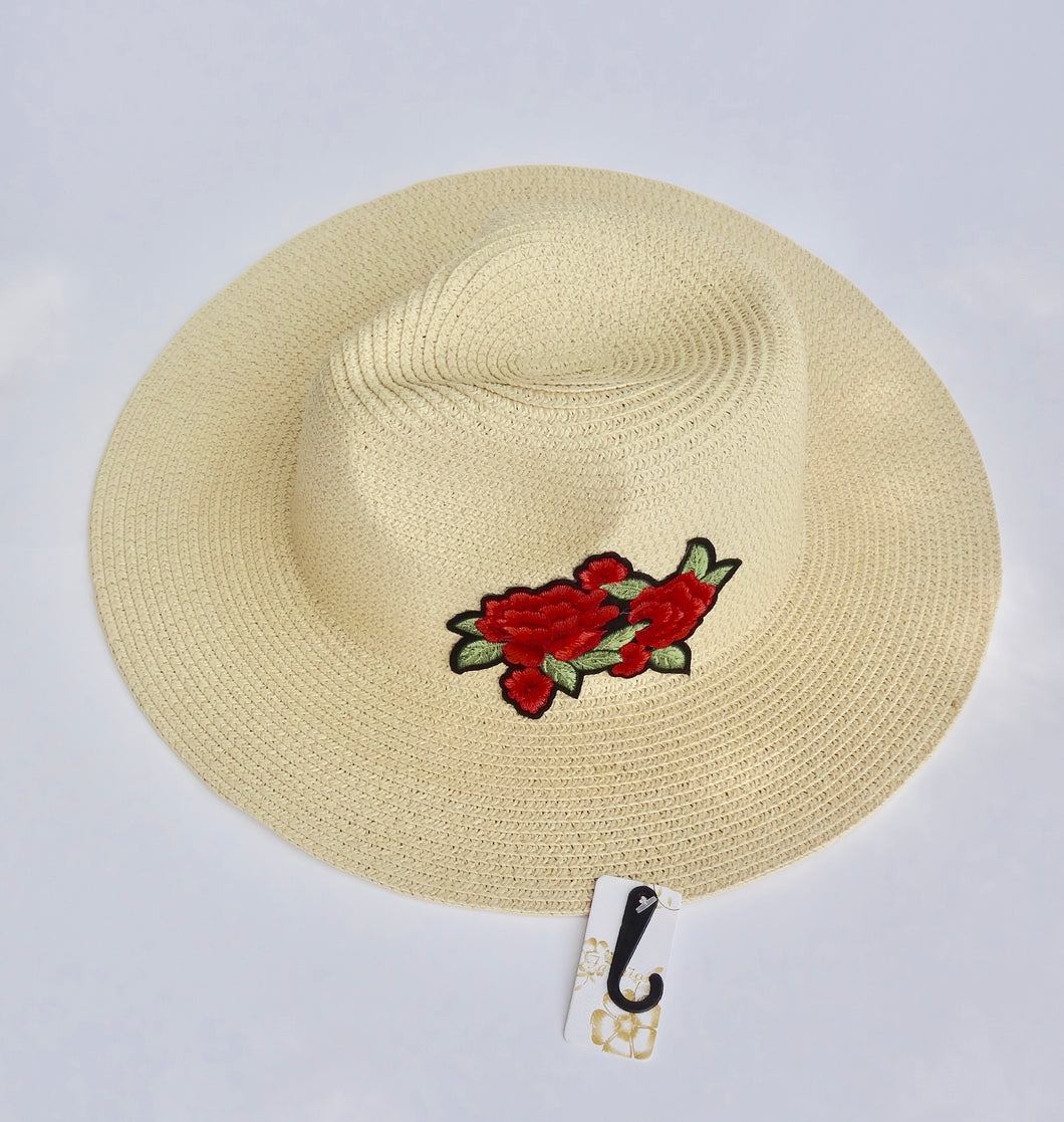 Ivory Straw Knitted Floral Detail Beach Sun Summer Hat