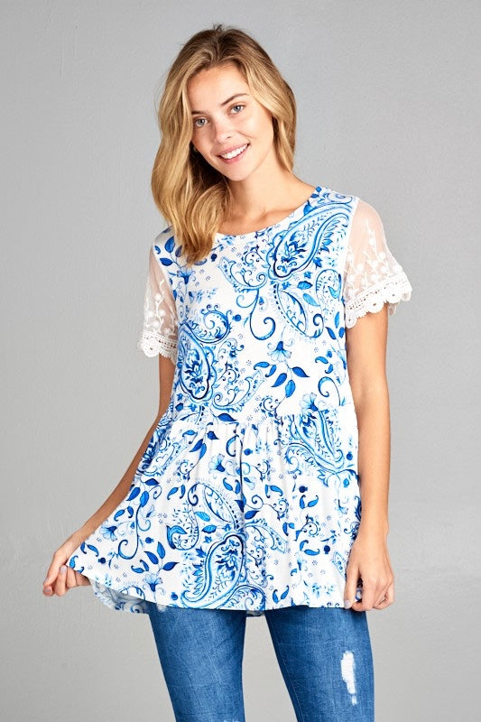 Ivory Blue Paisley Lace Sleeve Babydoll Top