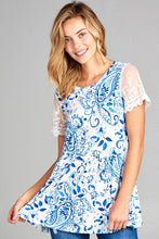Ivory Blue Paisley Lace Sleeve Babydoll Top