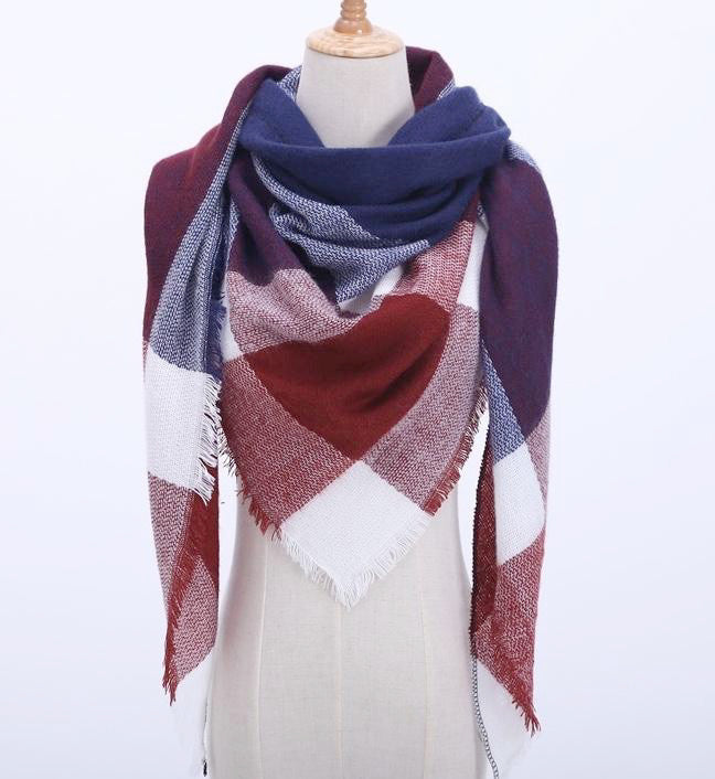 Fall Winter Plaid Acrylic Triangle Scarf - Navy Burgundy with White